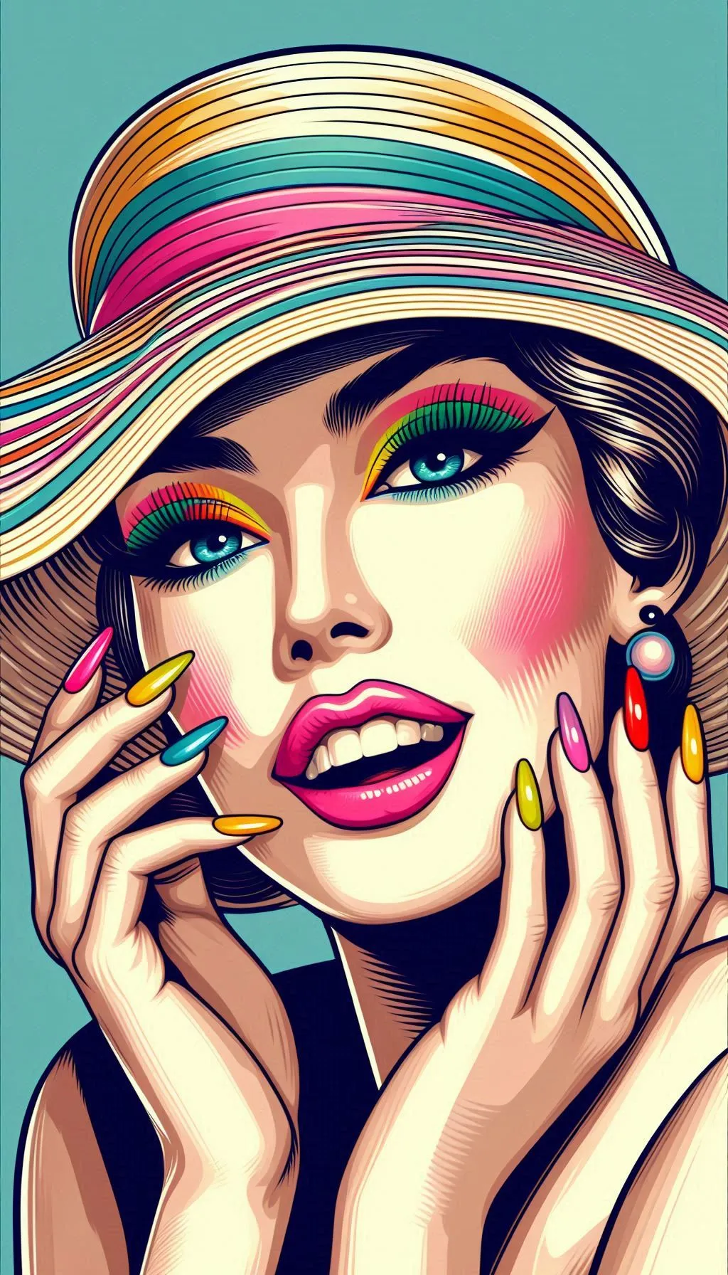 Retro-styled colorful illustration of woman wearing ribboned hat