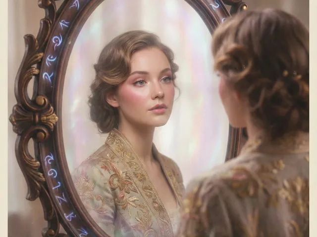 Elegant woman in vintage styling looking at her reflection in a decorative mirror