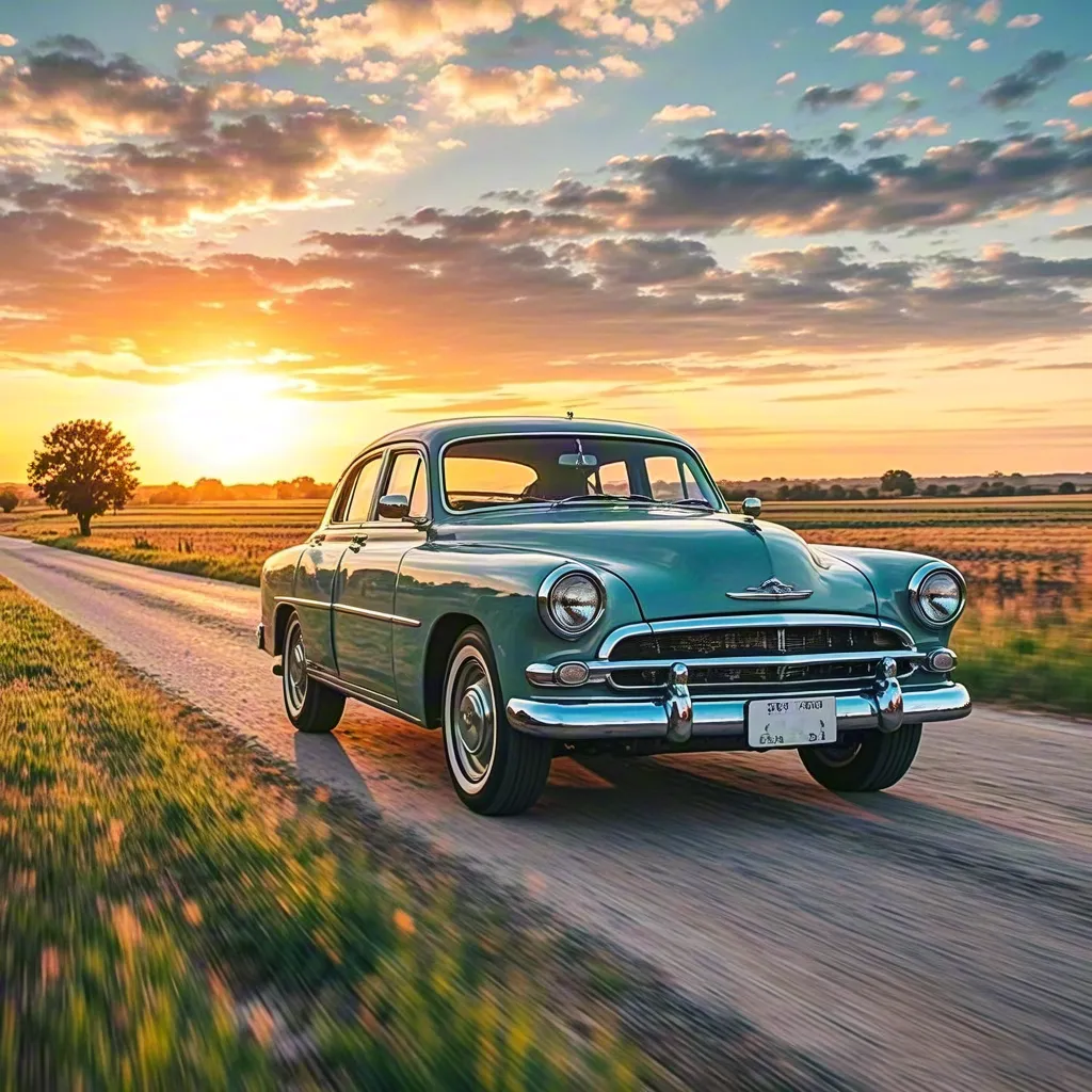 Vintage car driving through countryside at sunset