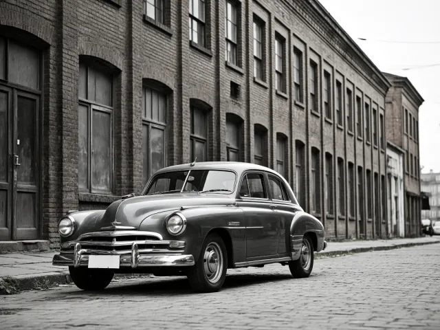 Black and white city street scene with a vintage car and industrial buildings