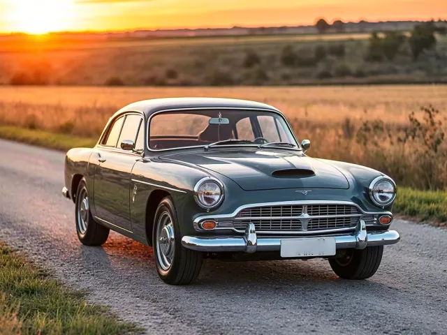 Old-timer car driving on a sunset country road