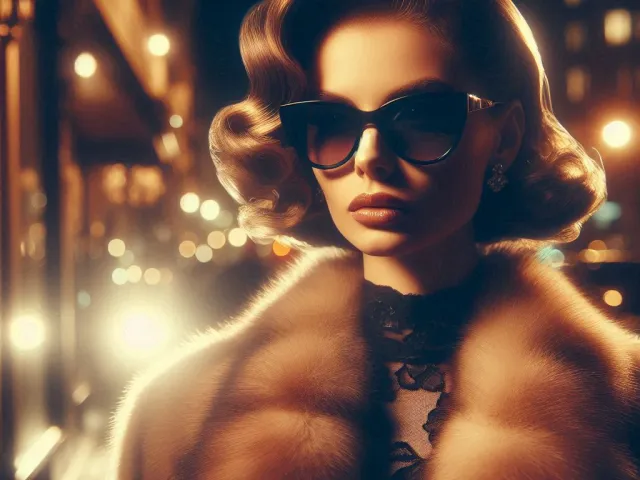 Elegant vintage style woman wearing fur coat in cinematic night city lights