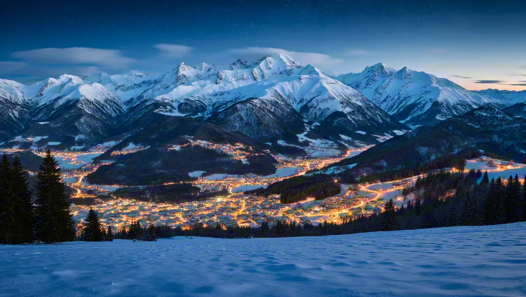 Winter Town Covered in Snow at Sunset