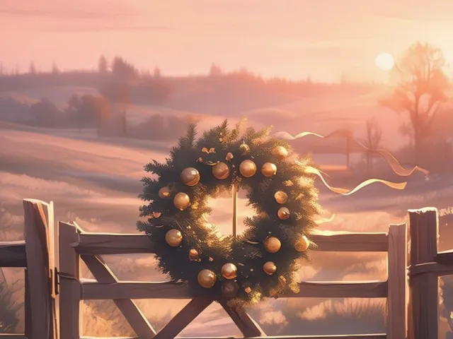 Holiday wreath on rustic wooden gate overlooking snowy winter landscape at sunset