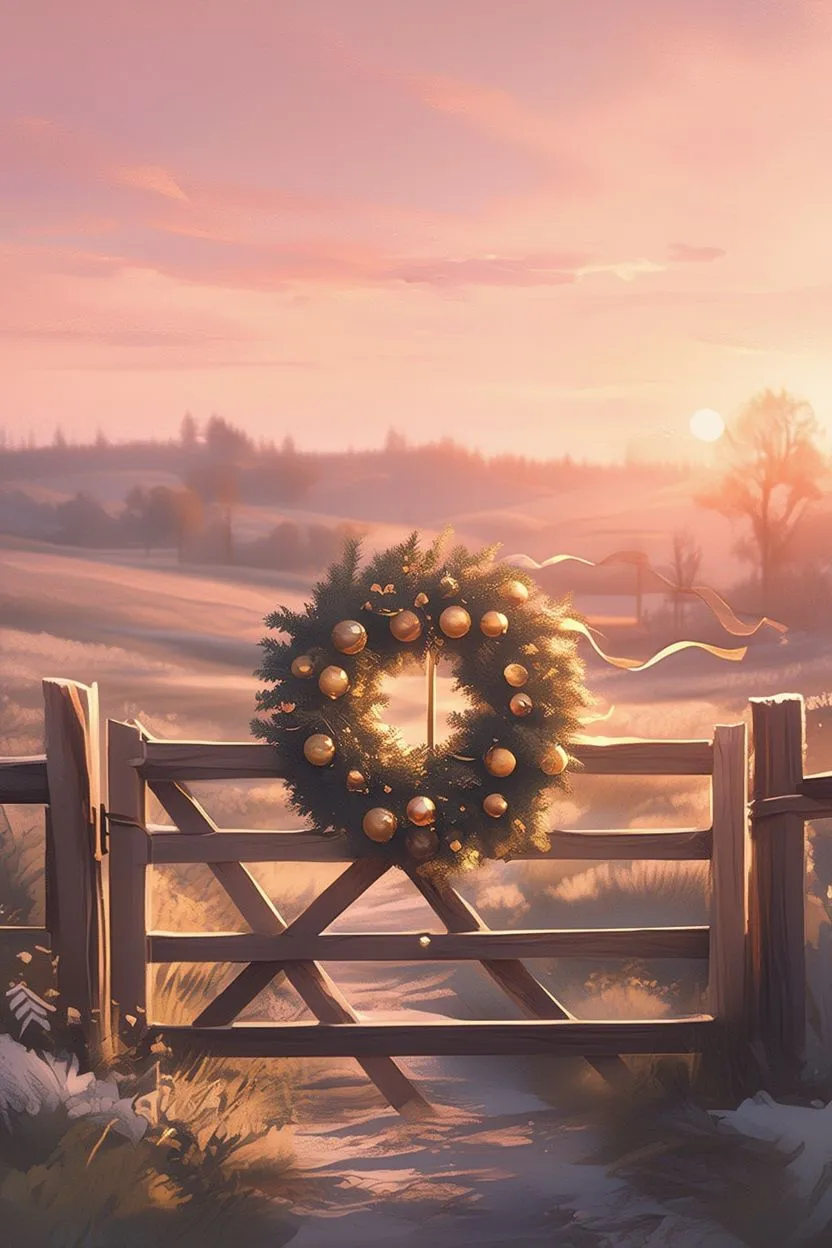 Holiday wreath on rustic wooden gate overlooking snowy winter landscape at sunset