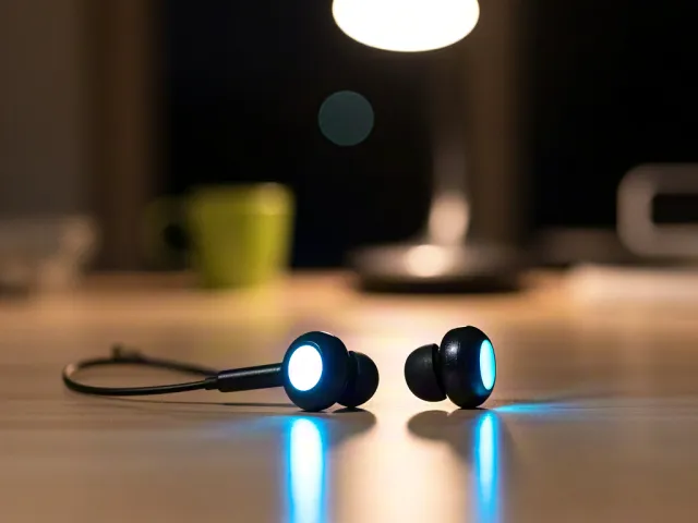 Wireless earbuds placed on desk with soft blue lighting and minimal background