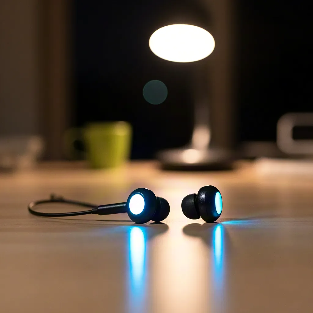 Wireless Earbuds on Desk with Blue Light