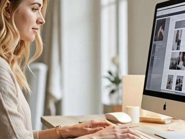 Side view of woman working on computer in clean bright office space