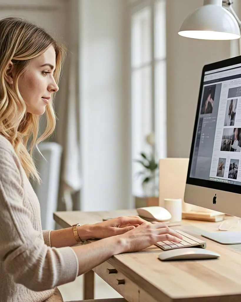Woman at Desk Using Computer in Minimal Office