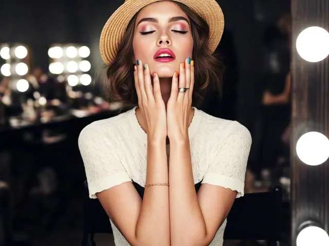 Stylish woman wearing a hat sitting in front of illuminated makeup mirror