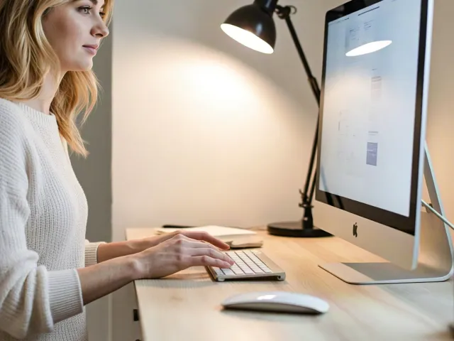 Young woman typing at computer in bright minimalist home office