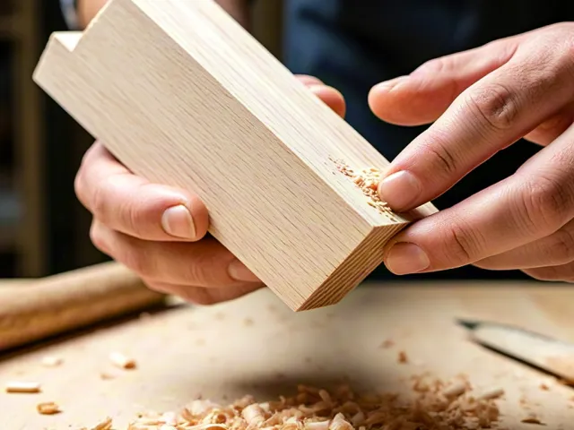 Close-up photo of hands shaping a wooden block with a tool, wood shavings scattered on the table.