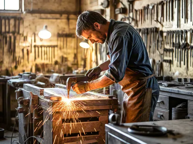 Craftsman operating woodworking machine with flying sparks