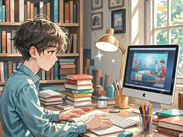 Artistic scene of young person drawing on digital tablet surrounded by books