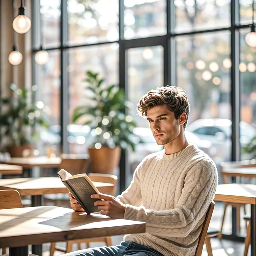 Young Man Working with book in Cozy Café