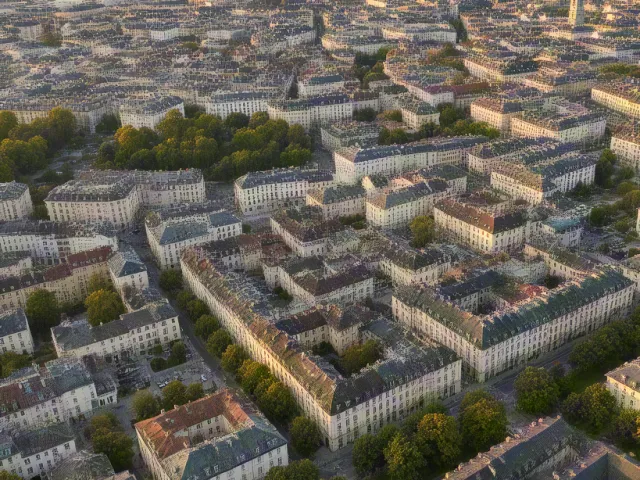 Top view of city blocks forming geometric pattern