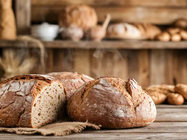 Fresh artisan bread displayed in bakery interior