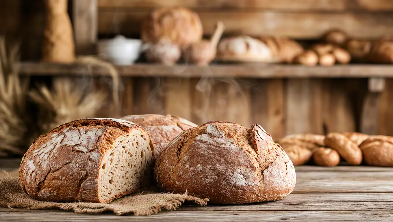 Fresh artisan bread displayed in bakery interior