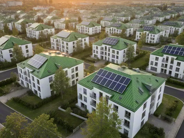 Aerial view of eco-friendly housing area at sunset