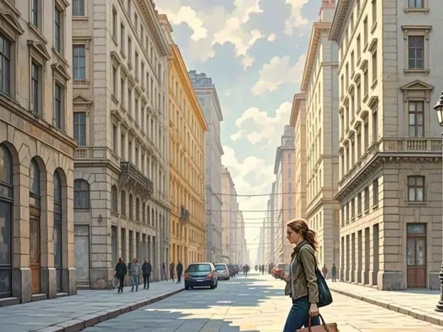 Wide European city street with classic buildings