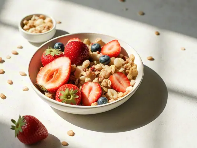 Breakfast bowl with fresh fruit in natural light