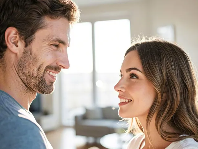 Smiling couple talking indoors in daylight