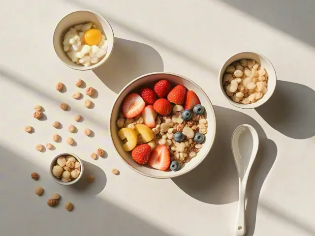 Healthy breakfast bowl flat lay with fruits