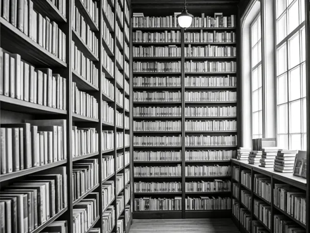 Black and white photo of library shelves and corridor