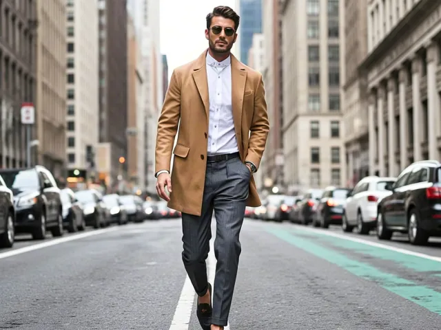 Stylish man walking confidently through city street