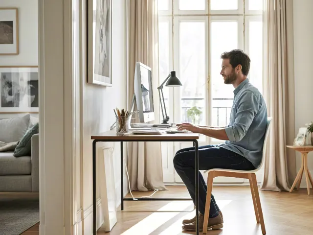 Man working at desk in bright home interior