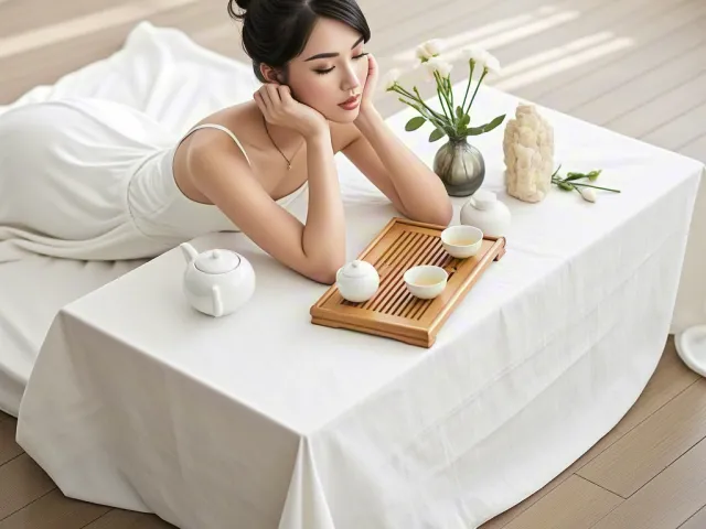 Woman resting on bed in soft morning light