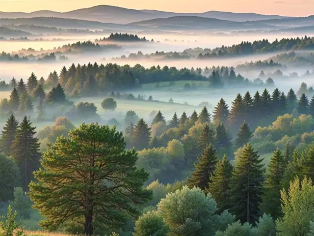 Green countryside landscape with trees and hills