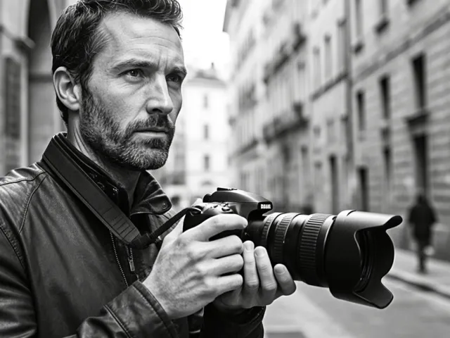 Black and white street photo of photographer working