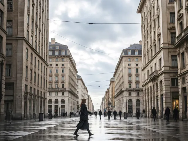 Person walking on rainy city street