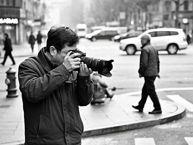 Black and white photo of street photographer taking a photo