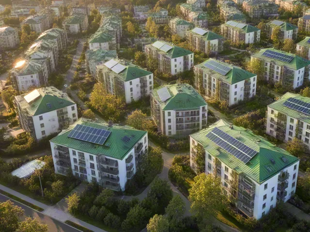 Aerial view of modern residential area with green roofs