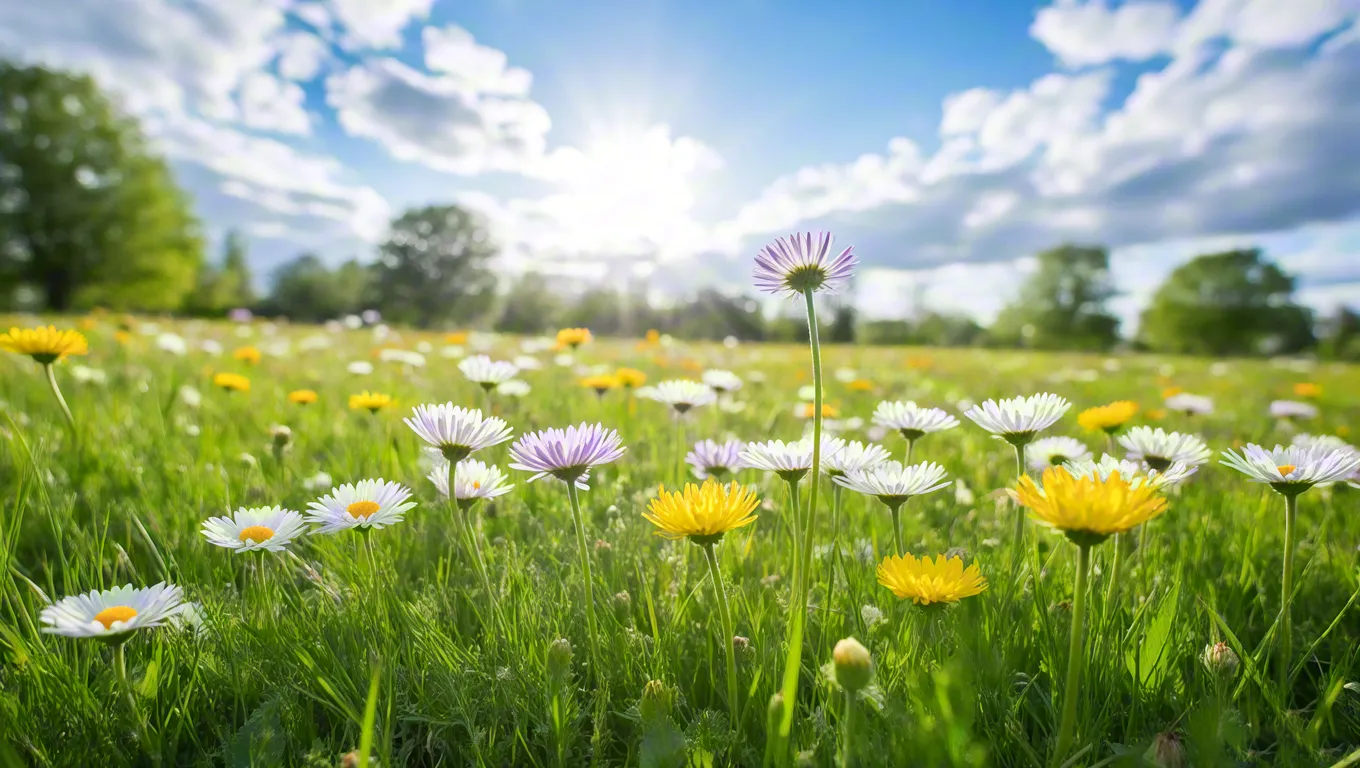 Meadow filled with wildflowers under blue sky