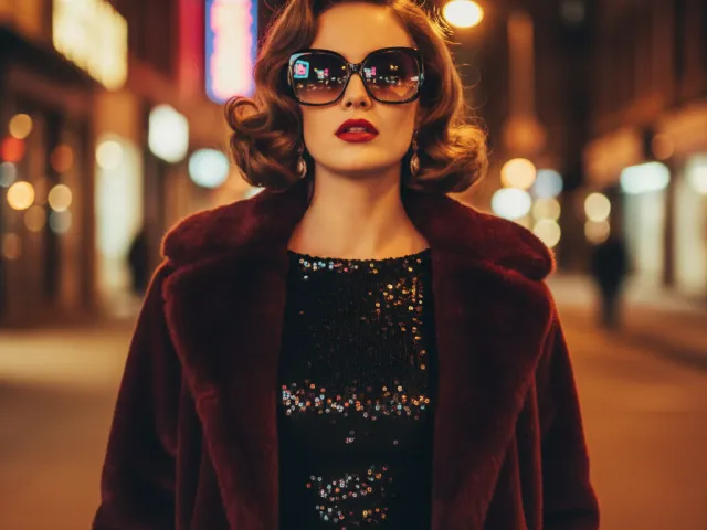 Stylish woman portrait at night with blurred city lights