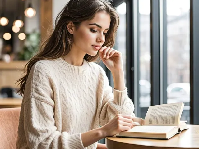 Young woman reading a book in cozy café interior